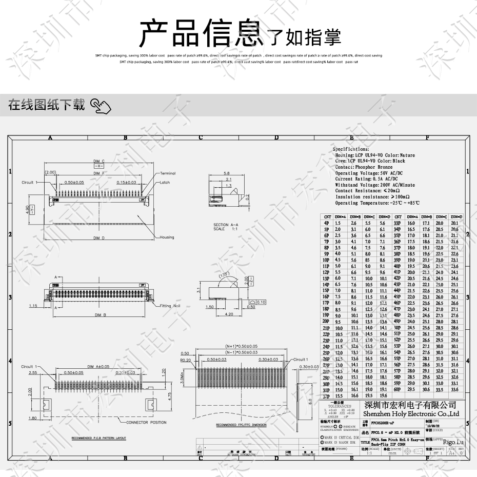 樱桃在线视频网站FPC插座翻蓋式FFC間距0.5mm 60p針腳位H2.0mm 前插後翻連接器