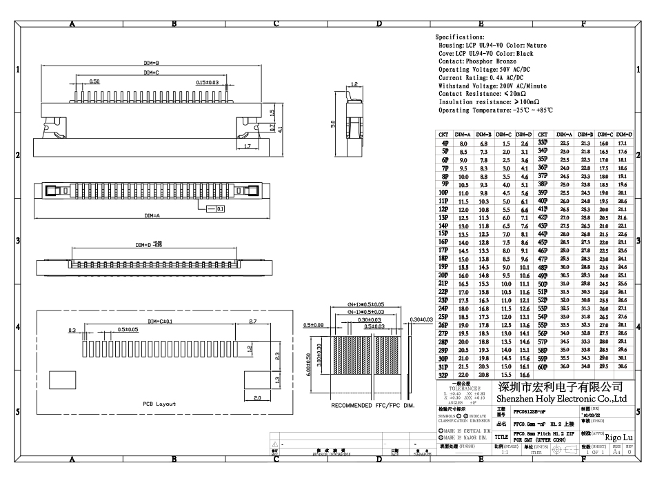 0fpc連接器0.5mm間距H1.2厚抽屜上接 封裝規格書圖紙 型號尺寸圖 在線下載